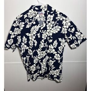 Hawaii Navy Blue White Hibiscus Floral Cotton Aloha Shirt Mens Large Made in USA